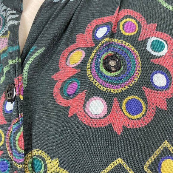 Vintage 80s Tunic Shirt Medium Black Rayon Blouse Embroidered Lagenlook Boho - Picture 3 of 10